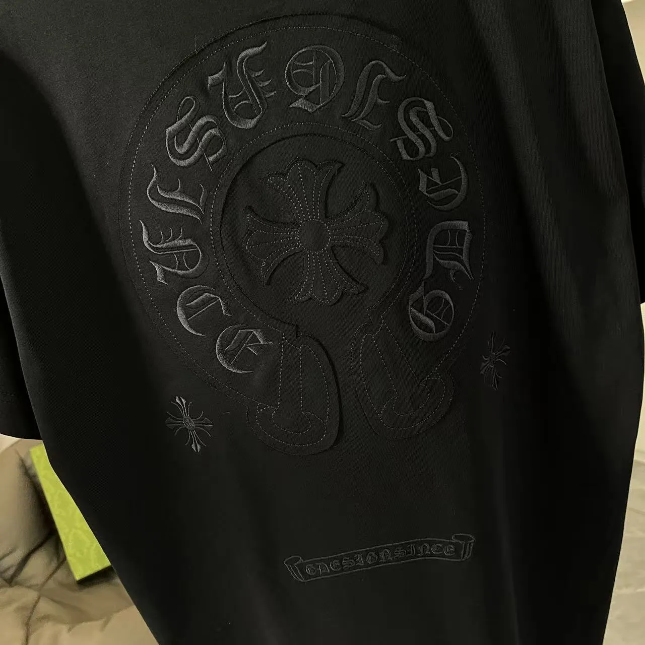 🅿️200 ch Cro* 2025 spring and summer new style Sanskrit horseshoe cross laser patch embroidery short-sleeved t-shirt custom fabric 300g same style for men and women Size: S M L XL XXL Five codes Color: black white